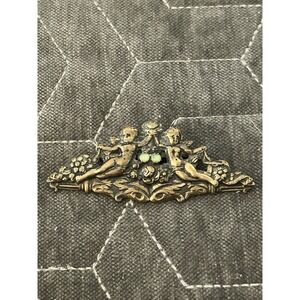Double Cherub Angel Vintage Brooch Brass Repousse Cupids Flower  #399